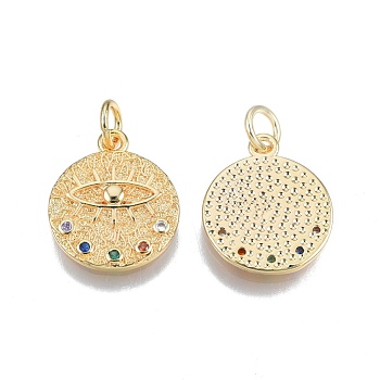 Brass Pave Cubic Zirconia Pendants, with Jump Rings, Nickel Free, Real 18K Gold Plated, Flat Round with Eye, Colorful, 18x15.5x2mm, Jump Ring: 6x1mm, 4mm inner diameter