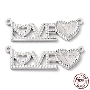 Rhodium Plated 925 Sterling Silver Connector Charms, Word Love Links, Real Platinum Plated, 8x27x1.2mm, Hole: 1mm