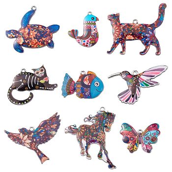 18Pcs 9 Styles Printed Alloy Pendants, Butterfly/Tortoise/Horse/Bird/Fish/Cat, Mixed Color, 21~45x23~45x1~3mm, Hole: 2mm, 2pcs/style