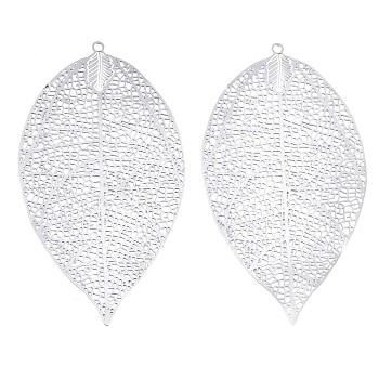 304 Stainless Steel Filigree Big Pendants, Etched Metal Embellishments, Leaf, Stainless Steel Color, 60x33x0.3mm, Hole: 1.6mm