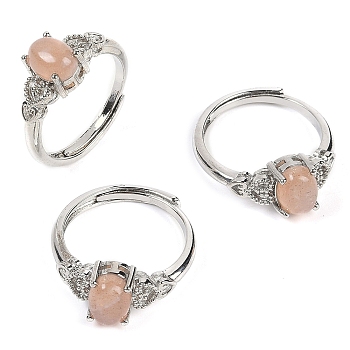 Oval Natural Sunstone Adjustable Rings, Platinum Tone Brass Ring for Women, Long-Lasting Plated, Lead Free & Cadmium Free, Inner Diameter: 17mm