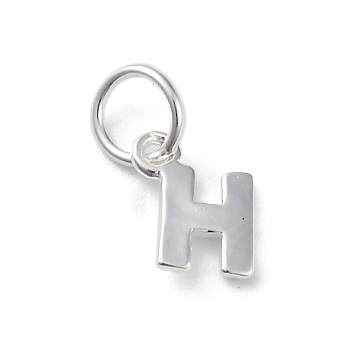 925 Sterling Silver Letter Charms, with Jump Rings and 925 Stamp, Silver Color Plated, Letter H, 7.5x6.5x0.8mm, Hole: 4mm