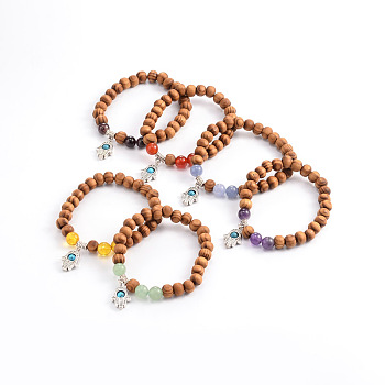 Wood Beaded Stretch Charm Bracelets, with Gemstone Beads and Tibetan Style Hamsa Hand/Hand of Fatima/Hand of Miriam Charms, Mixed Color, 50mm