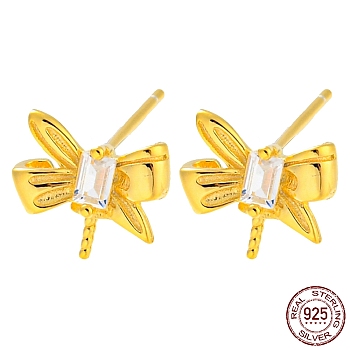 Butterfly 925 Sterling Silver with Clear Cubic Zirconia Stud Earring Findings, for Half Drilled Beads, with S925 Stamp, Real 18K Gold Plated, 8x9mm, Pin: 10x0.7mm and 0.7mm