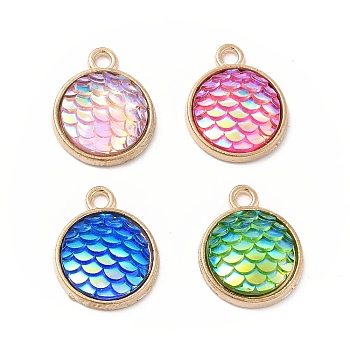 Alloy Resin Pendants, AB Color, Flat Round Charms with Scales Pattern, Golden, Mixed Color, 17x13.7x4mm, Hole: 1.8mm