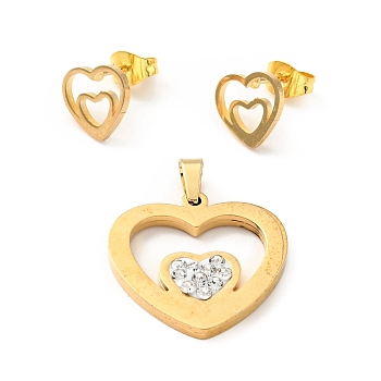 Double Heart Stud Earrings with 316 Stainless Steel Pins and Crystal Rhinestone Pendant, Vacuum Plating 201 Stainless Steel Jewelry Set, Golden, 9x10mm, Pin: 0.7mm, 21x21x2.5mm, Hole: 4.8x3mm