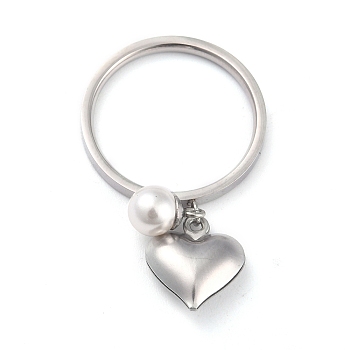 Dual-use Items, 304 Stainless Steel Finger Rings or Pendants, with Plastic Round Beads, Heart, White, Stainless Steel Color, US Size 5~9(15.7~18.9mm)