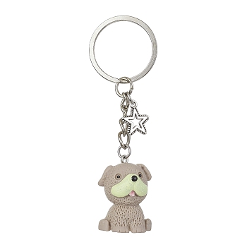 Resin Dog Pendant Keychain, with Iron Rings and Alloy Star Charm, Dark Khaki, 8.3cm, Dog: 29x22x22mm