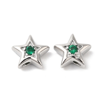 Brass with Cubic Zirconia Beads Beads, Real Platinum Plated, Star, Green, 7.5x8x3mm, Hole: 1mm