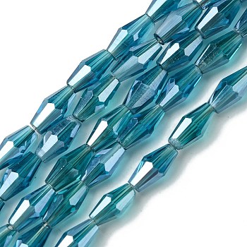 Transparent Electroplate Glass Beads Strands, Pearl Luster Plated, Faceted, Bicone, Teal, 8x4mm, Hole: 0.8mm, about 66~68pcs/strand, 22.83''(58cm)