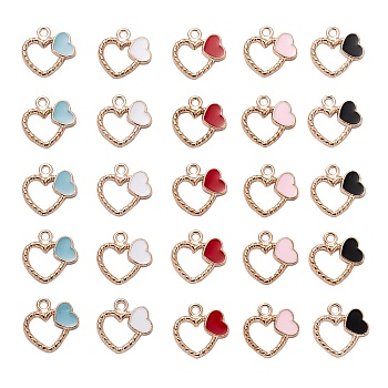Alloy Enamel Pendants, Heart Ring with Heart, Golden, Mixed Color, 18x18x2.5mm, Hole: 2mm, 5 colors, 6pcs/color, 30pcs/box