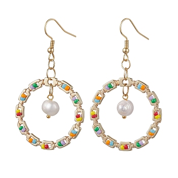 Golden 304 Stainless Steel Ring Dangle Earrings, Natural Pearl & Glass Seed Drop Earrings, Colorful, 58.5x32.5mm