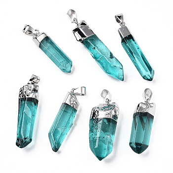 Natural Quartz Pointed Pendants, with Brass Findings, Dyed, Bullet, Platinum, Turquoise, 30~45x7~12x6~11mm, Hole: 7x2mm