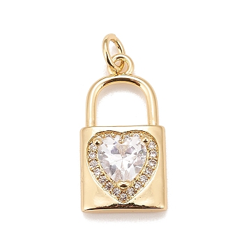 Brass Micro Pave Cubic Zirconia Pendants, Real 18K Gold Plated, Lead Free & Cadmium Free, Lock, Clear, 20x11x5mm, Hole: 3mm