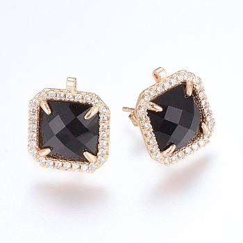 Brass Micro Pave Cubic Zirconia Stud Earring Findings, with Loop, Glass, Square, Golden, Black, 17mm, Hole: 0.5mm, Pin: 0.8mm