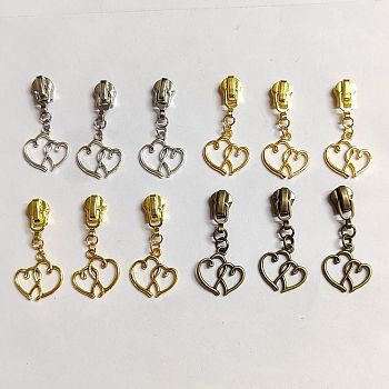 Zinc Alloy Zipper Slider, with Double Heart Pendant, Mixed Color, 3.9cm, 4 colors, 3pcs/color, 12pcs/set