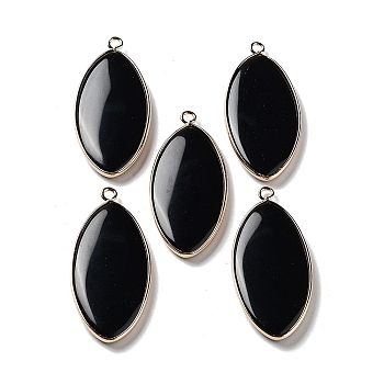 Natural Obsidian Pendants, Light Gold Plated Brass Horse Eye Charms, 44.5~45x20.5~21x4mm, Hole: 2mm