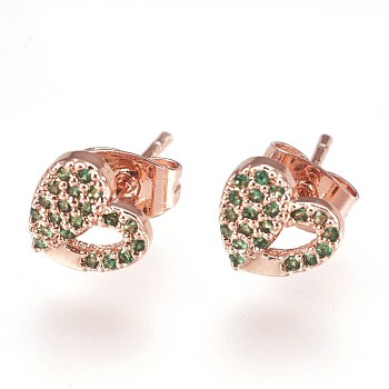 Brass Ear Studs, with Cubic Zirconia, Lead Free & Cadmium Free & Nickel Free, Heart, Green, Rose Gold, 7x8x2mm, Pin: 0.8mm