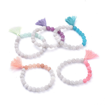 Cotton Thread Tassel Charm  Bracelets, with Frosted Natural White Jade(Dyed) Beads, Round, Mixed Color, Inner Diameter: 2-1/8 inch(5.5cm)