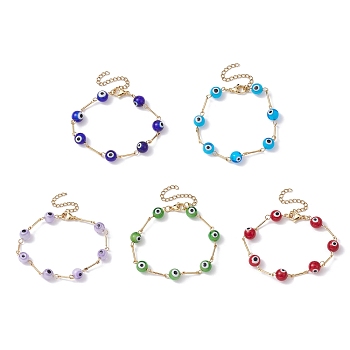 Lampwork Evil Eye Link Chain Bracelets, with Golden Brass Bar Link Chains, Mixed Color, 7 inch(17.8cm)