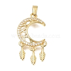 Brass Micro Pave Clear Cubic Zirconia Pendants, Woven Net/Web with Feather Charms, Long-Lasting Plated, Cadmium Free & Lead Free, Rack Plating, Golden, 28x15x3mm, Hole: 5x2.5mm(KK-C263-26A-G)
