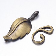 Brass Hook Clasps, For Leather Cord Bracelets Making, Leaf, Brushed Antique Bronze, Leaf: 33x13x3mm, Hook: 17x10x2mm, Hole: 1mm and 3x3mm(KK-L116-02AB-NF)