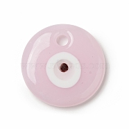 Handmade Evil Eye Lampwork Pendants, Flat Round Charms, Pearl Pink, 30x5.5mm, Hole: 4mm(LAMP-G153-02A)