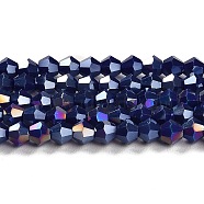 Opaque Solid Color Electroplate Glass Beads Strands, AB Color Plated, Faceted, Bicone, Dark Blue, 4x4mm, Hole: 0.8mm, about 87~98pcs/strand, 12.76~14.61 inch(32.4~37.1cm)(X1-GLAA-F029-P4mm-A10)