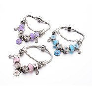 Fashion Brass European Bracelets, with Glass Beads and Alloy Rhinestone Enamel Beads, Mixed Color, 190x3mm(BJEW-L583-02)
