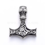 304 Stainless Steel Pendants, Thor's Hammer, Antique Silver, 37x30x9mm, Hole: 5mm(STAS-F179-50AS)