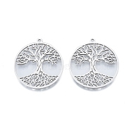 201 Stainless Steel Pendant, Hollow Charms, Flat Round with Tree of Life, Stainless Steel Color, 38x35x1.5mm, Hole: 2mm(STAS-B027-13P)