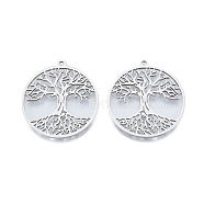 Non-Tarnish 201 Stainless Steel Pendant, Hollow Charms, Flat Round with Tree of Life, Stainless Steel Color, 38x35x1.5mm, Hole: 2mm(STAS-B027-13P)