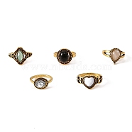 5Pcs 5 Style Opal & Natural Obsidian & Glass Finger Rings Set, Oval & Heart & Teardrop Alloy Stackable Rings for Women, Antique Golden, Inner Diameter: 15~17mm, 1Pc/style(AJEW-PW0005-05AG)