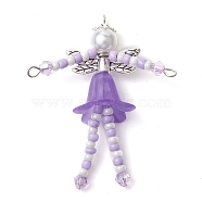Glass Seed & Acrylic Pearl Beaded Big Pendants, with Alloy Fairy Wing & 304 Stainless Steel Findings, Angel Charms, Dark Violet, 52x40x18mm, Hole: 1.6mm(PALLOY-MZ00194-04)
