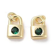 Brass Micro Pave Cubic Zirconia Charms, with Jump Ring, Lock, Real 18K Gold Plated, Green, 9x5.5x2.5mm, Hole: 1.6mm(KK-C051-13G-02)