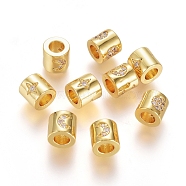 Brass Micro Pave Cubic Zirconia Beads, Long-Lasting Plated, Column with Star, Clear, Real 18K Gold Plated, 6x6mm, Hole: 3mm(X-ZIRC-G166-41G)
