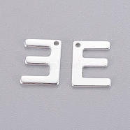 201 Stainless Steel Charms, Letter, Silver Color Plated, Letter.E, 11x8x0.6mm, Hole: 1mm(X-STAS-L232-007E)