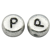 Silver Color Plated Acrylic Horizontal Hole Letter Beads, Flat Round, Letter.P, 7x3.5mm, Hole: 1mm, about 288pcs/40g(X-MACR-PB43C9070-P)