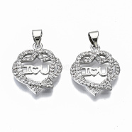 Brass Micro Pave Clear Cubic Zirconia Pendants, for Valentine's Day, Cadmium Free & Nickel Free & Lead Free, Heart with Word I Love You, Real Platinum Plated, 19x17x3mm, Hole: 3x5mm(KK-S061-36P-NR)