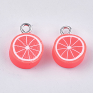 Handmade Polymer Clay Pendants, with Iron Findings, Imitation Food, Grapefruit, Platinum, Light Coral, 15x10~10.5x4.5mm, Hole: 1.8mm(CLAY-S091-98A)