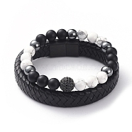Unisex Stackable Bracelets Sets, Natural Howlite & Agate Beads, Brass Cubic Zirconia Beads, Non-Magnetic Synthetic Hematite Beads, Leather Cord, 304 Stainless Steel Magnetic Clasps and Cardboard Box, 2-1/8 inch(5.5cm), 8-1/4 inch(21cm), 2pcs/set(BJEW-JB04896-02)