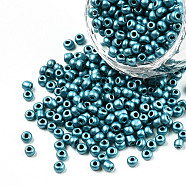 8/0 Baking Paint Glass Seed Beads, Round Hole, Round, Prussian Blue, 3~3.5x2mm, Hole: 1~1.2mm, about 10000Pcs/pound(SEED-R051-07B-02)