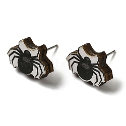 Wood Stud Earrings, with 316 Surgical Stainless Steel Pin, Halloween Theme, Black, Spider, 11x15mm(EJEW-Z054-02F)