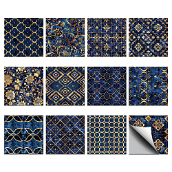 Waterproof PVC Tile Stickers, for Kitchen Bathroom Waterprrof Wall Tiles, Square with Flower Pattern, Marine Blue, 100x100mm, 12 style, 3pcs/style, 36pcs/set(DIY-WH0454-019)