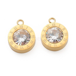 304 Stainless Steel Rhinestone Charms, Flat Round with Roman Numerals, Crystal, Golden, 14x11x4.5mm, Hole: 1.8mm(X-STAS-Z009-17G)