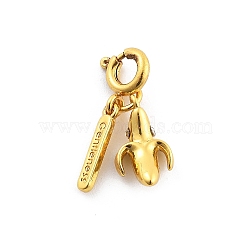 Brass Rhinestone Fruits Pendant Decoration, Rectangle with Word Gentleness and Spring Ring Clasps Charms Ornaments, Banana, 21mm(HJEW-P020-01G-G)