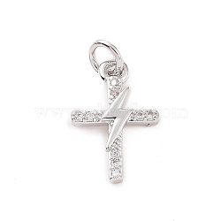 Brass Micro Pave Cubic Zirconia Charms, with Jump Ring, Cross with Lightning Bolt Charm, Platinum, 14.5x9.5x2mm, Hole: 2.8mm(KK-C012-40P)