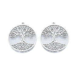 201 Stainless Steel Pendant, Hollow Charms, Flat Round with Tree of Life, Stainless Steel Color, 38x35x1.5mm, Hole: 2mm(STAS-B027-13P)