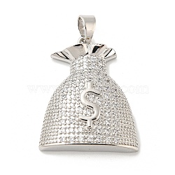 Brass Micro Pave Cubic Zirconia Pendants, Long-Lasting Plated, Bag, Platinum, 32x21x7mm, Hole: 9.5x4.5mm(KK-P250-19P)