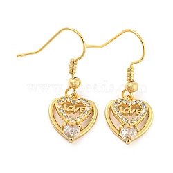 Heart with Wrod Love Rack Plating Brass Micro Pave Cubic Zirconia Dangle Earrings, Long-Lasting Plated, Cadmium Free & Lead Free, Real 18K Gold Plated, 30.5x12mm(EJEW-P240-07G)